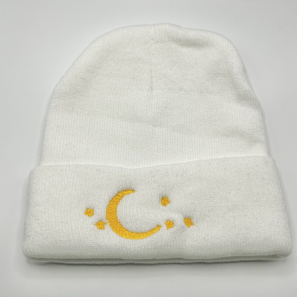 Crescent Moon Stars Nighttime Sky Beanie Hat Cap Knit Cuff White Outdoors